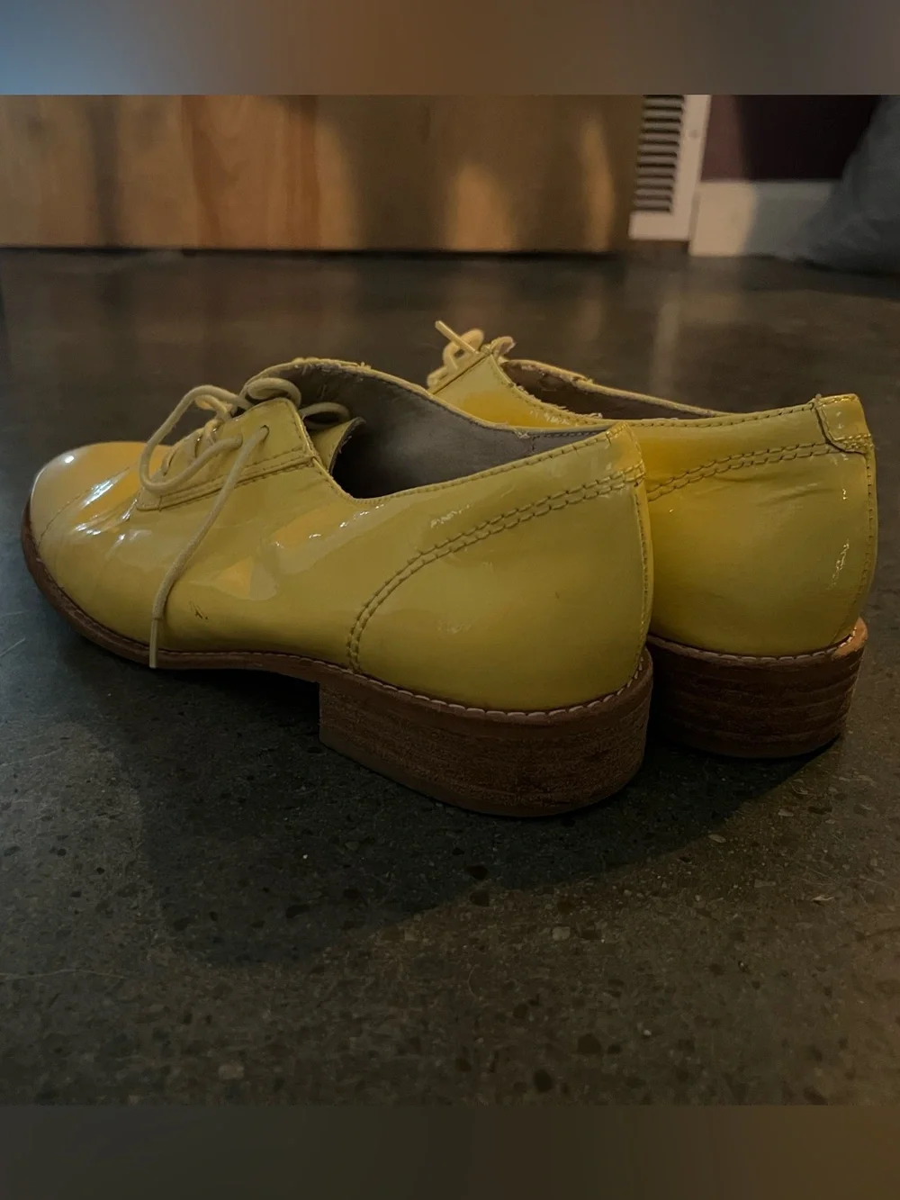 yellow oxfords with wooden heel